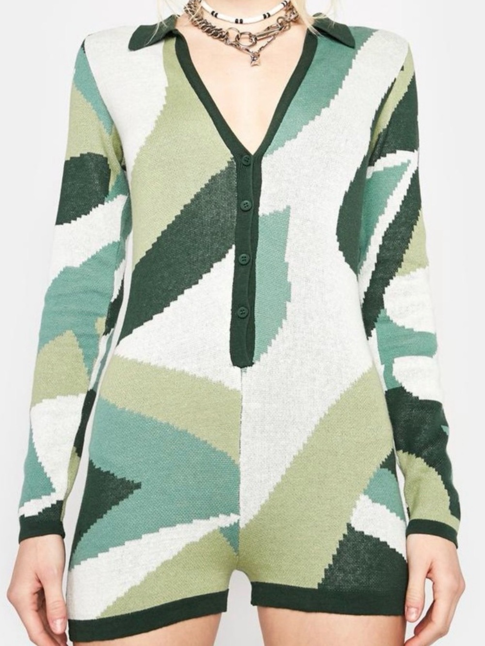 Edikted Renee Green Geometric Knit Long Sleeve Romper